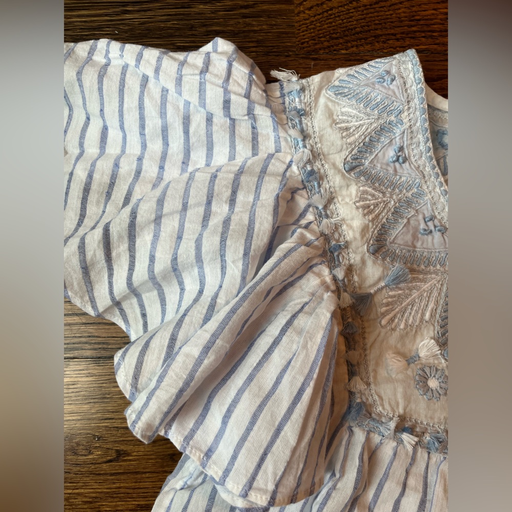NWT Anthropologie Light Blue And White Striped Embroidered Flutter Sleeve Top - Picture 5 of 9